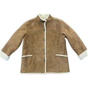 Vtg L.L. Bean Tan Shearling Faux Fur Sherpa Lined Button Jacket Sz XL Petite